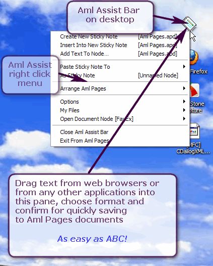 Aml Assist : Bar for grabbing of text, web pages and web fragments (click to enlarge)