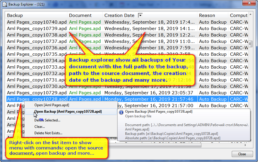 Aml Pages  : Backup explorer show all backups of Your document with the full path to the backup, path to the source document, the creation date of the backup and many more.