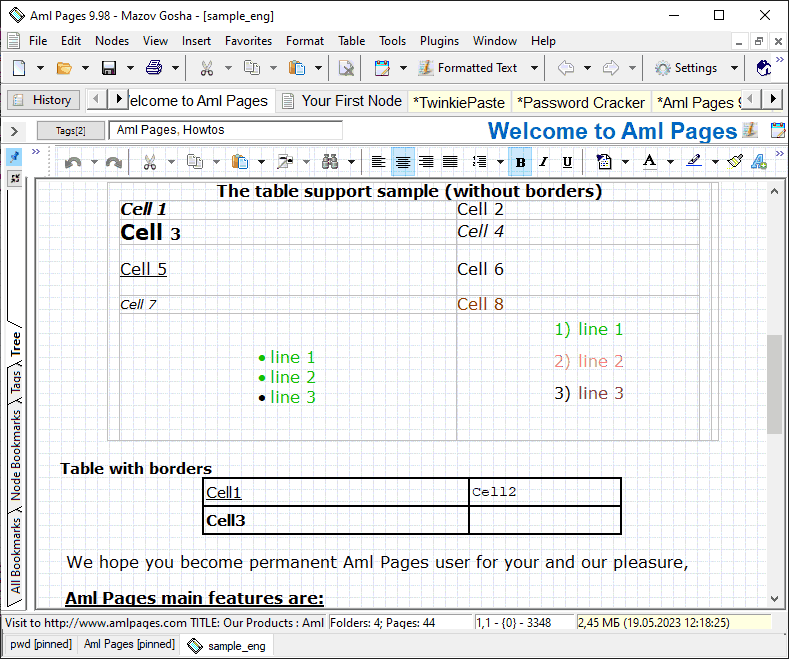 Aml Pages : tables support